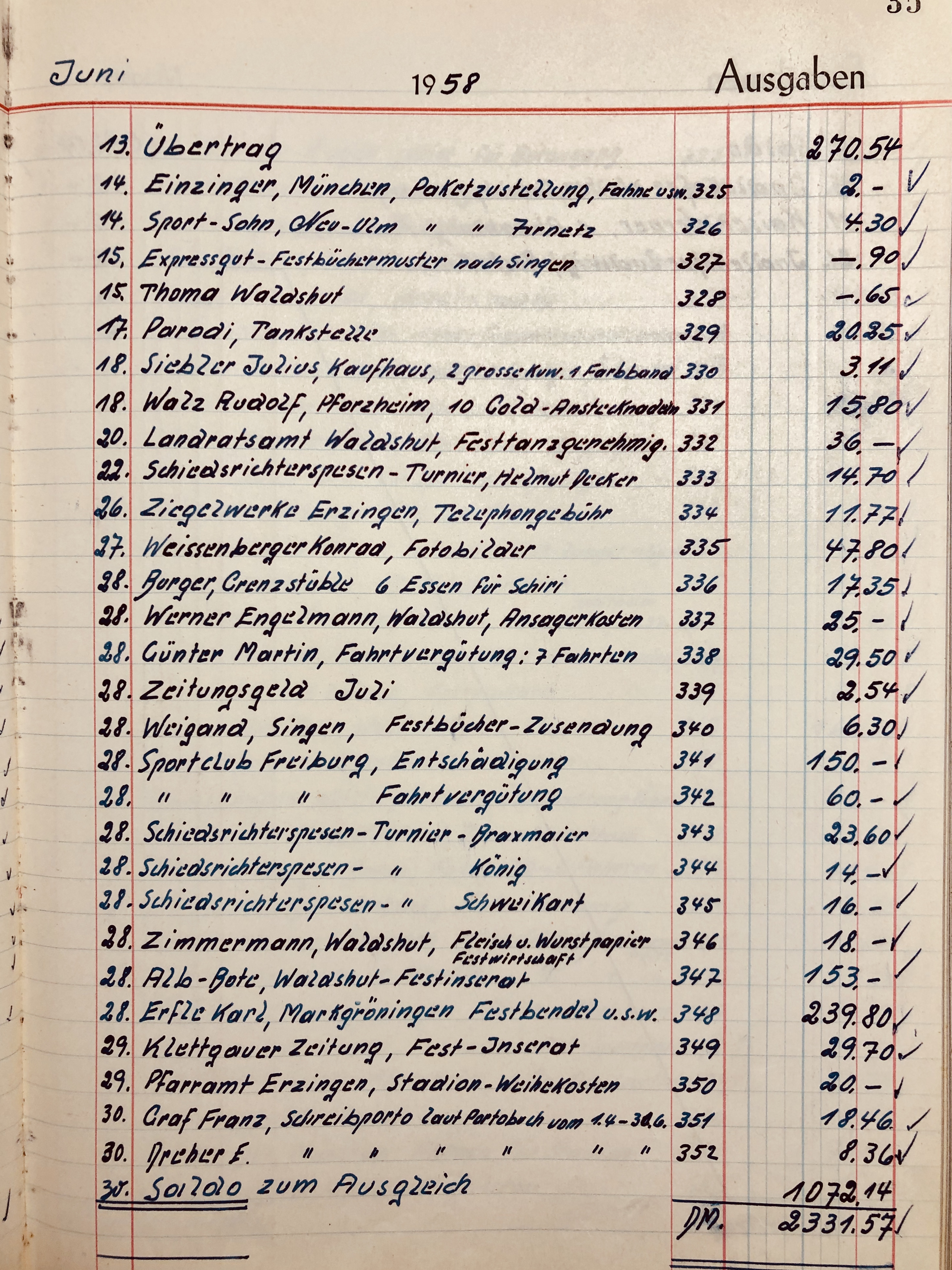 1958 Kassenbuch SC Freiburg Kosten